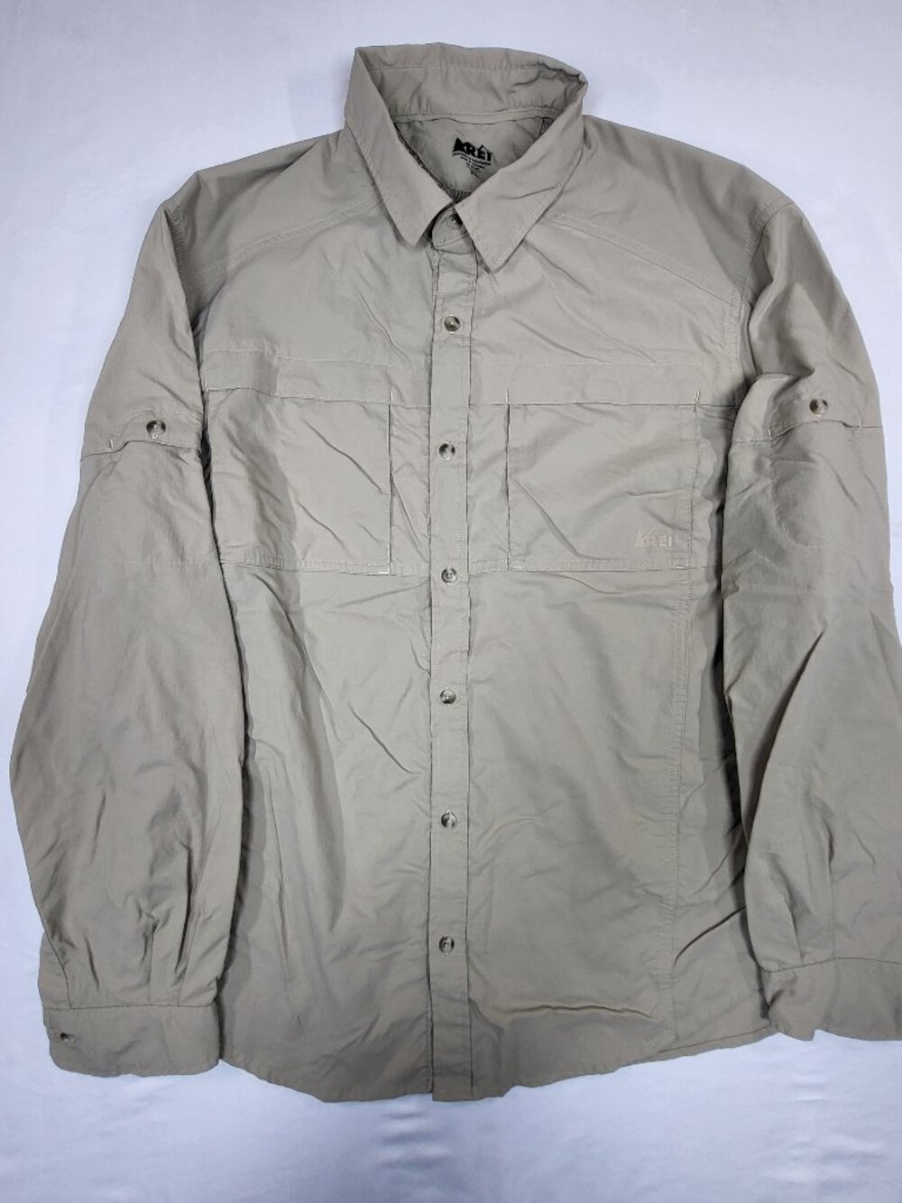REI Mens XL Tan Sahara Convertible Long Sleeve Hiking Shirt Venting Performance